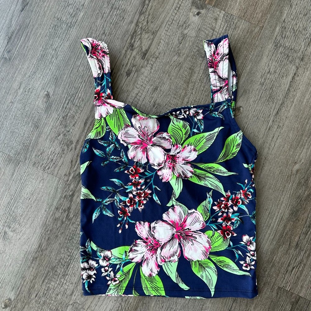 Crop Top Shirt Blouse Tank Top - Navy Tropical - Rainbows & Cupcakes Size Small